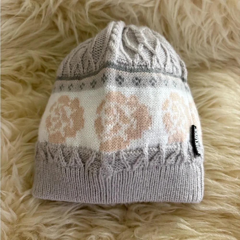 Muk Luks Gray and Cream Knit Scarf Hat and Fingerless Gloves Set